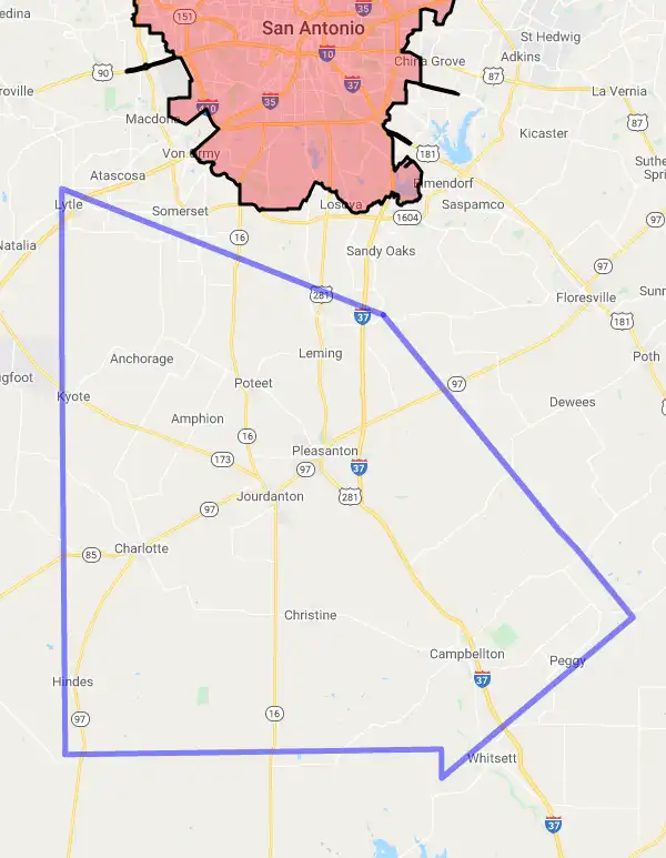 County level USDA loan eligibility boundaries for Atascosa, Texas
