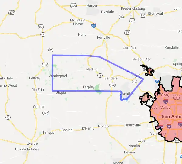 County level USDA loan eligibility boundaries for Bandera, Texas