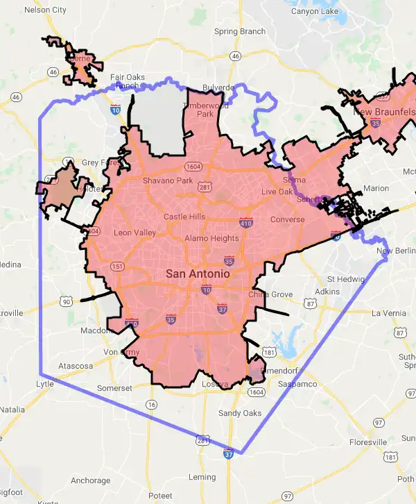 County level USDA loan eligibility boundaries for Bexar, Texas