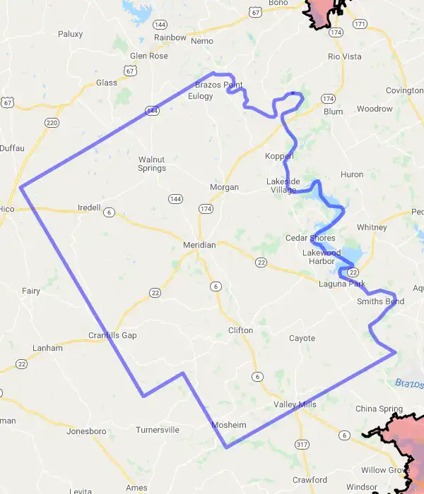 County level USDA loan eligibility boundaries for Bosque, Texas
