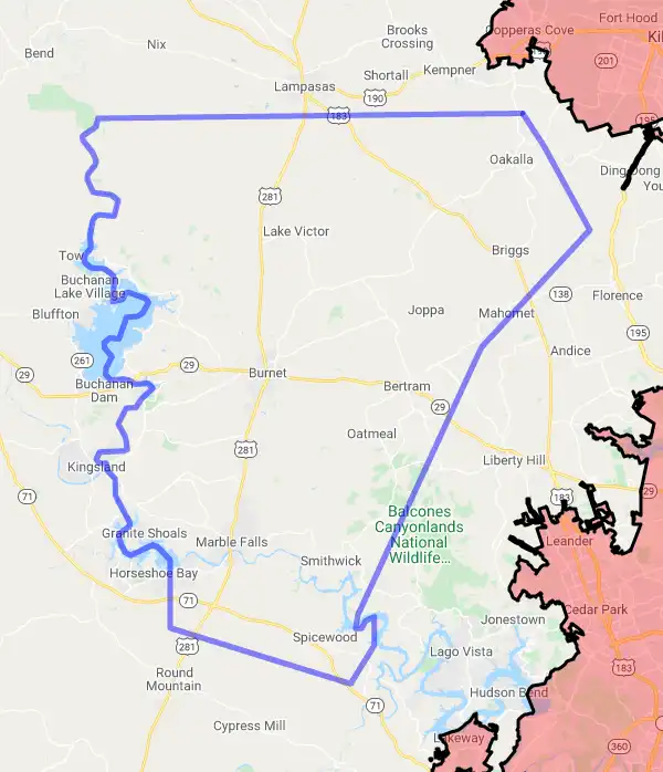 County level USDA loan eligibility boundaries for Burnet, Texas