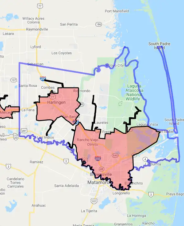 County level USDA loan eligibility boundaries for Cameron, Texas