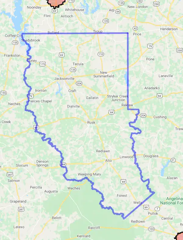 County level USDA loan eligibility boundaries for Cherokee, Texas