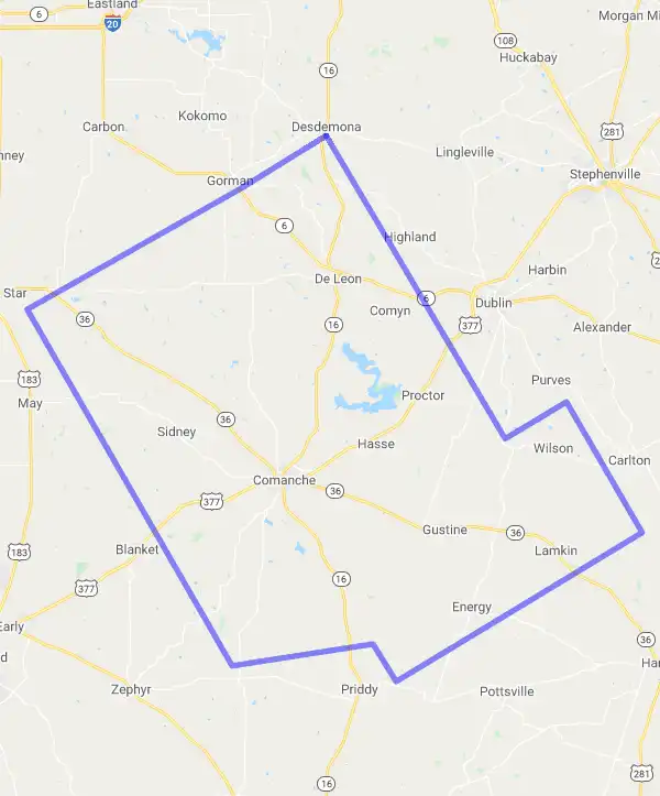 County level USDA loan eligibility boundaries for Comanche, Texas