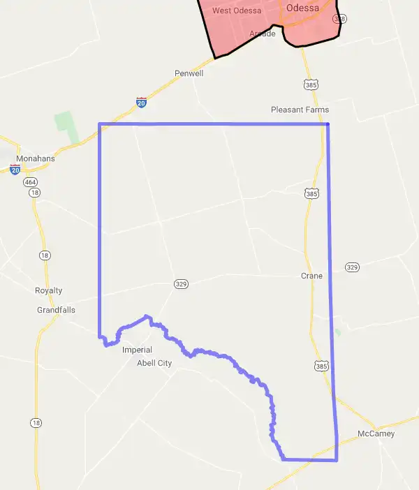 County level USDA loan eligibility boundaries for Crane, Texas