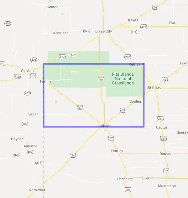 County level USDA loan eligibility boundaries for Dallam, Texas