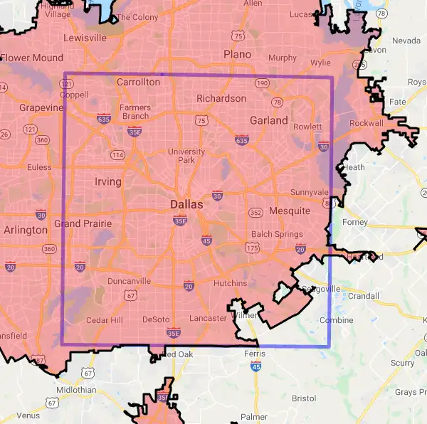 County level USDA loan eligibility boundaries for Dallas, Texas