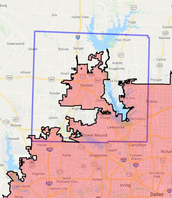 County level USDA loan eligibility boundaries for Denton, Texas