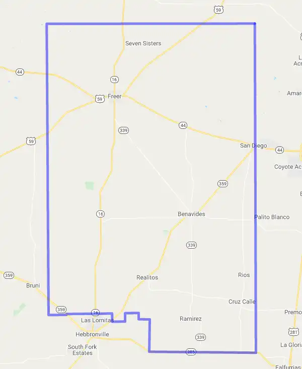 County level USDA loan eligibility boundaries for Duval, Texas