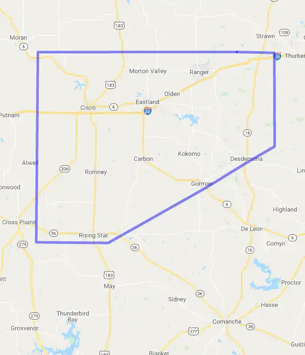 County level USDA loan eligibility boundaries for Eastland, Texas