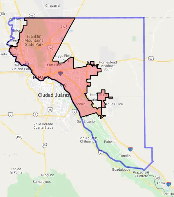 County level USDA loan eligibility boundaries for El Paso, Texas