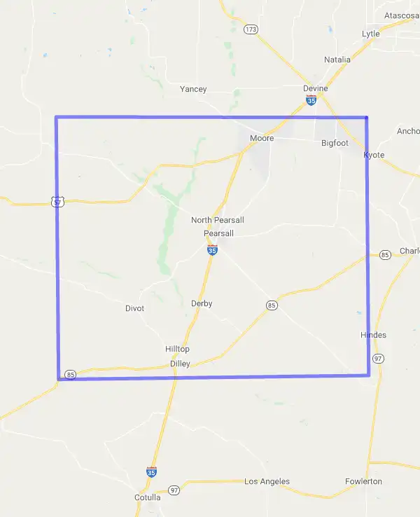 County level USDA loan eligibility boundaries for Frio, Texas