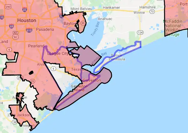 County level USDA loan eligibility boundaries for Galveston, Texas