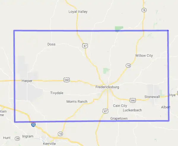County level USDA loan eligibility boundaries for Gillespie, Texas
