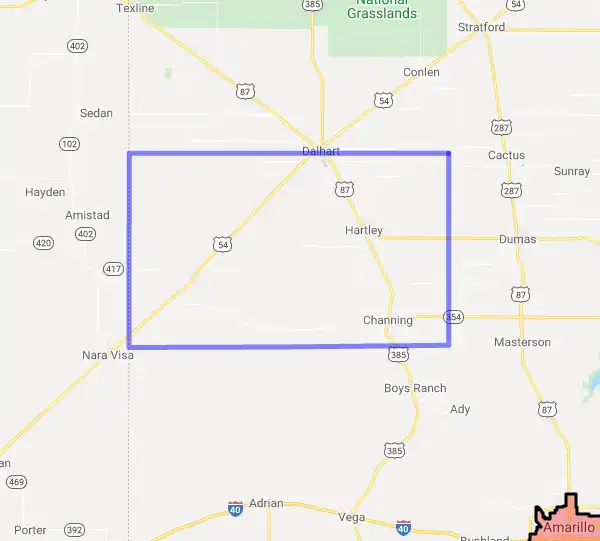County level USDA loan eligibility boundaries for Hartley, Texas