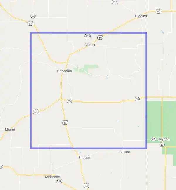 County level USDA loan eligibility boundaries for Hemphill, Texas