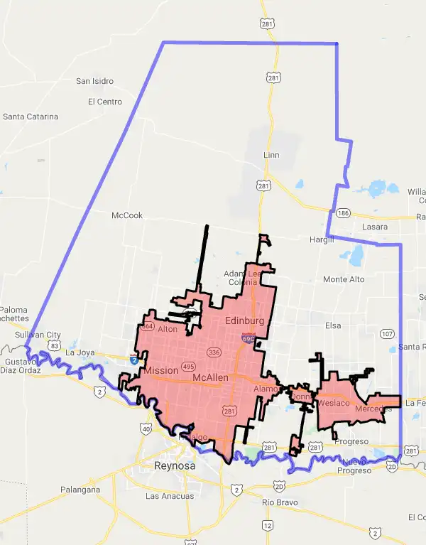 County level USDA loan eligibility boundaries for Hidalgo, Texas