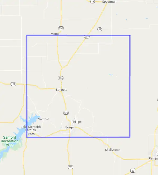 County level USDA loan eligibility boundaries for Hutchinson, Texas