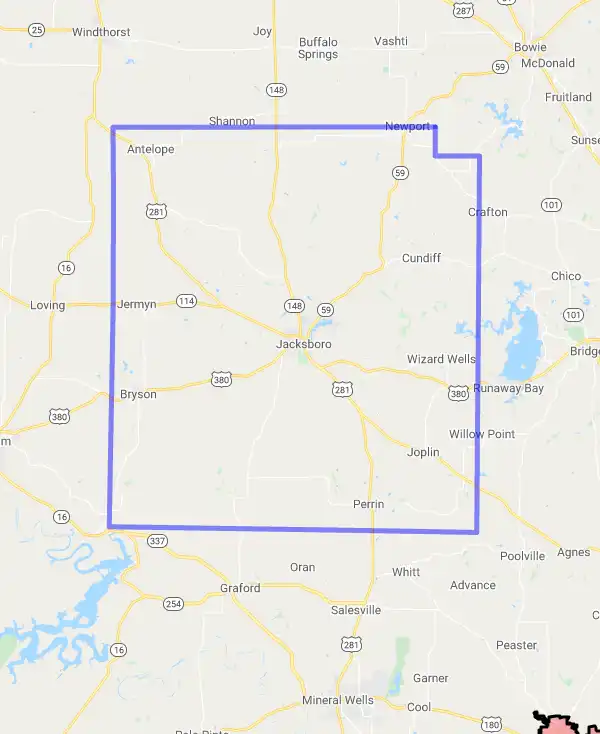 County level USDA loan eligibility boundaries for Jack, Texas