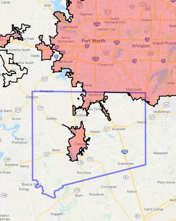 County level USDA loan eligibility boundaries for Johnson, Texas