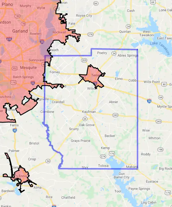 County level USDA loan eligibility boundaries for Kaufman, Texas