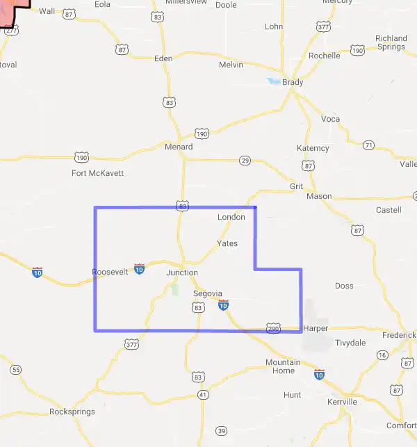County level USDA loan eligibility boundaries for Kimble, Texas