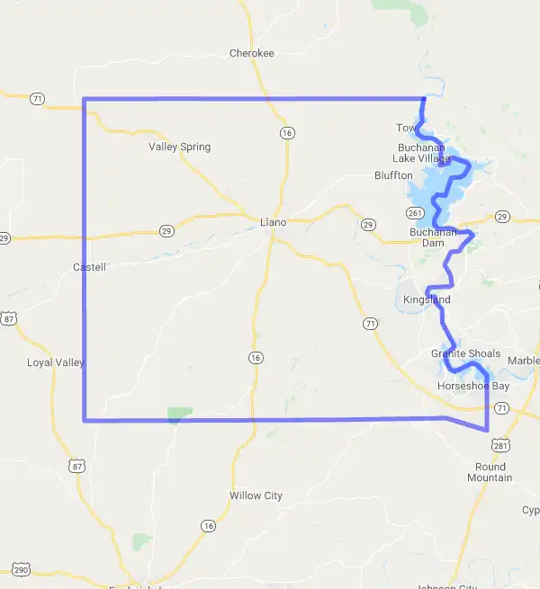County level USDA loan eligibility boundaries for Llano, Texas