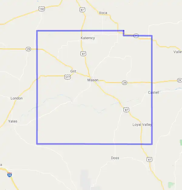 County level USDA loan eligibility boundaries for Mason, Texas
