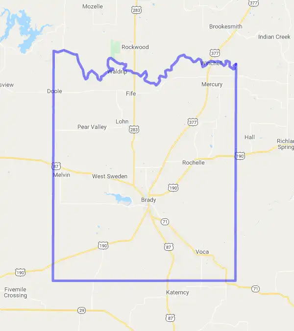 County level USDA loan eligibility boundaries for McCulloch, Texas