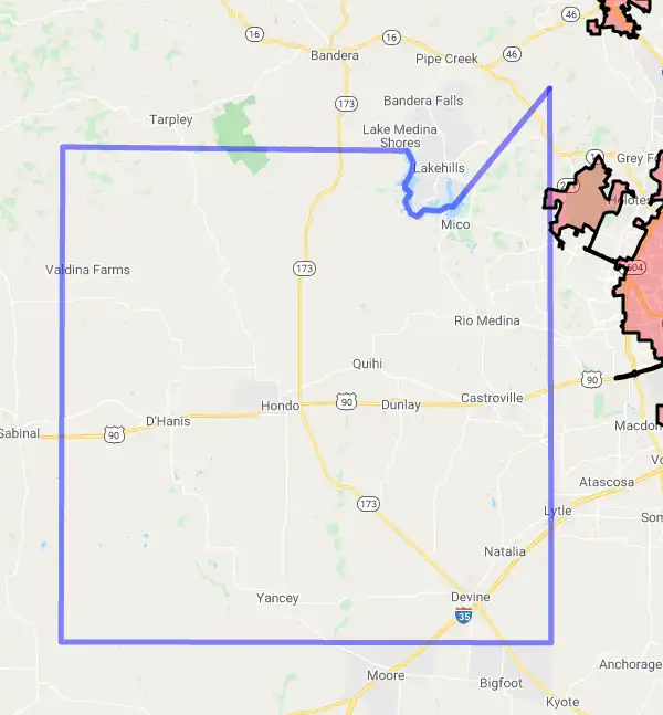 County level USDA loan eligibility boundaries for Medina, Texas