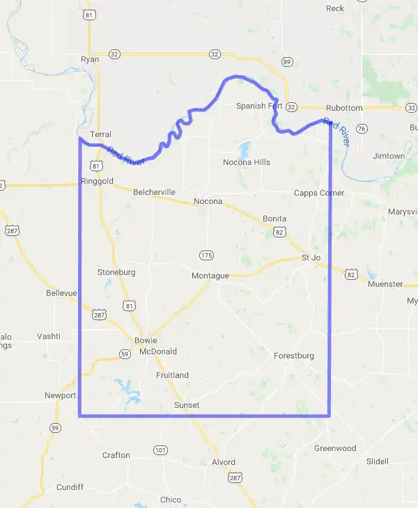 County level USDA loan eligibility boundaries for Montague, Texas