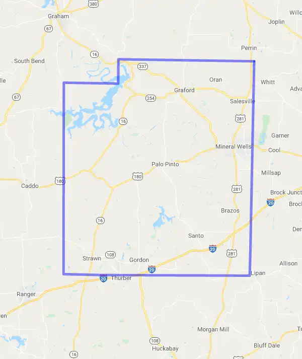 County level USDA loan eligibility boundaries for Palo Pinto, Texas