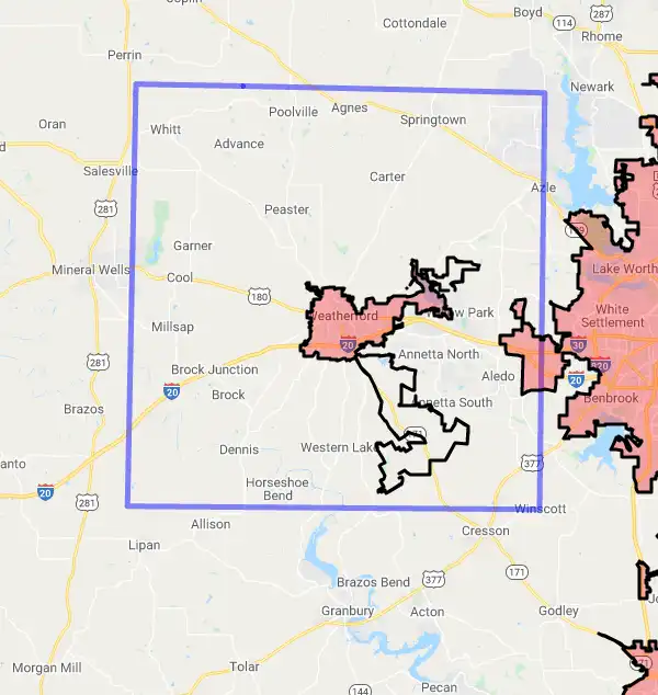 County level USDA loan eligibility boundaries for Parker, Texas