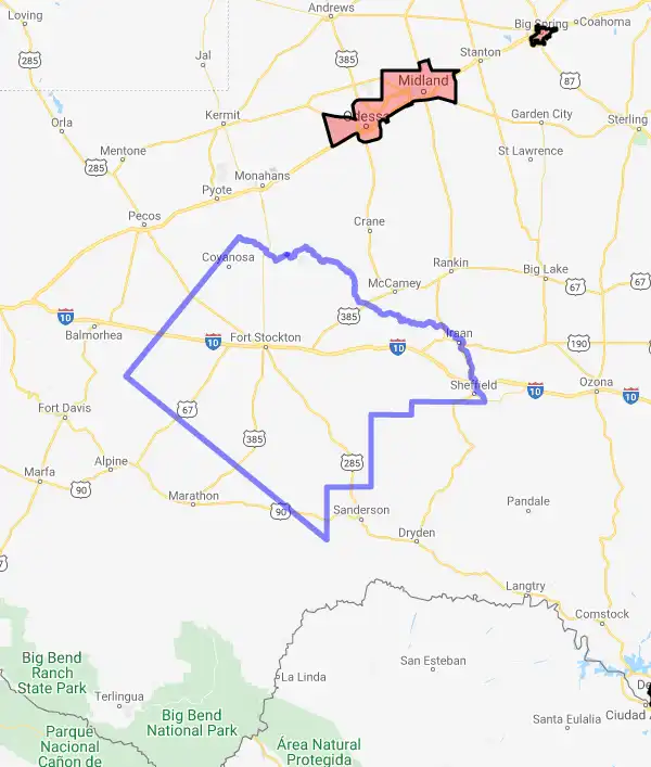 County level USDA loan eligibility boundaries for Pecos, Texas