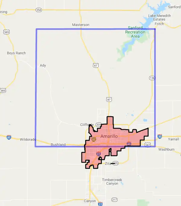 County level USDA loan eligibility boundaries for Potter, Texas