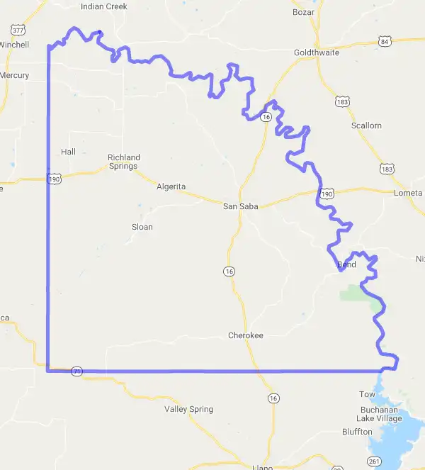 County level USDA loan eligibility boundaries for San Saba, Texas