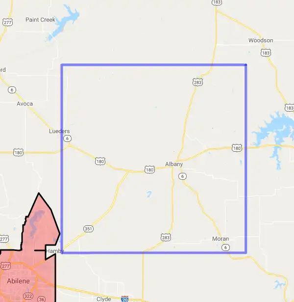 County level USDA loan eligibility boundaries for Shackelford, Texas