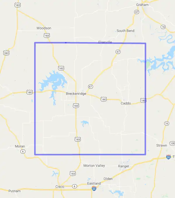County level USDA loan eligibility boundaries for Stephens, Texas
