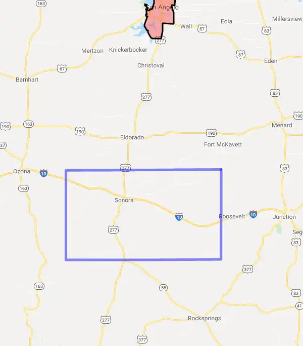 County level USDA loan eligibility boundaries for Sutton, Texas