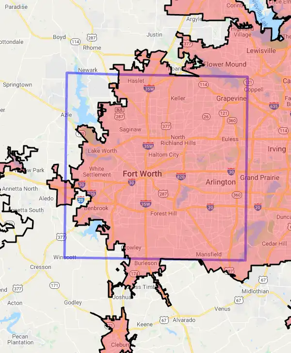 County level USDA loan eligibility boundaries for Tarrant, Texas