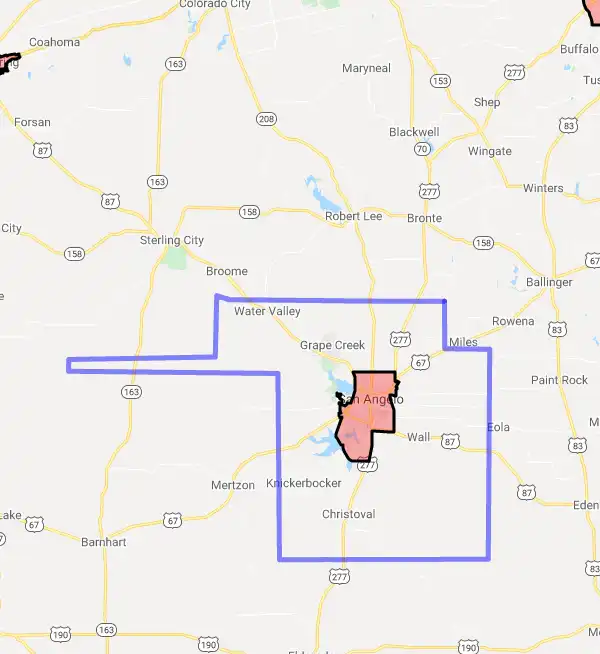 County level USDA loan eligibility boundaries for Tom Green, Texas
