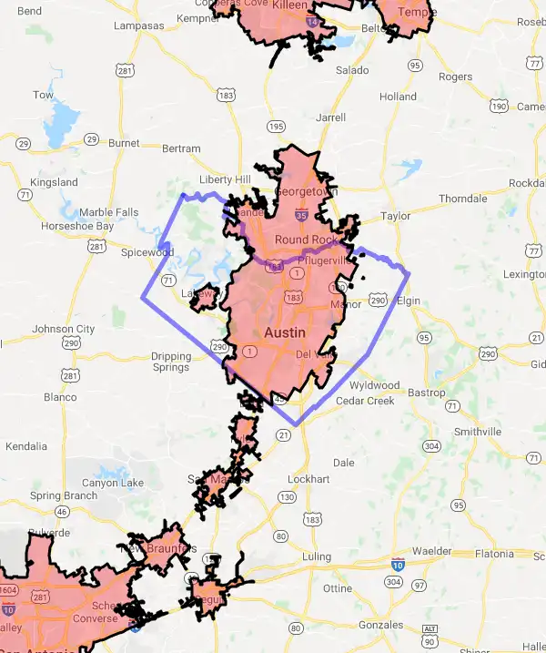 County level USDA loan eligibility boundaries for Travis, Texas