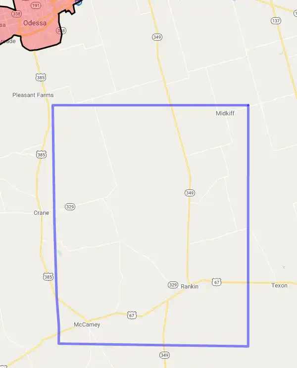 County level USDA loan eligibility boundaries for Upton, Texas