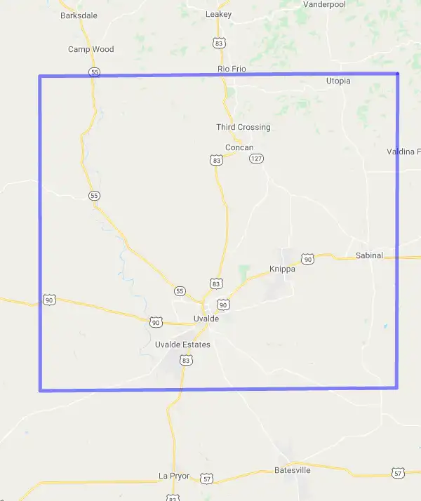 County level USDA loan eligibility boundaries for Uvalde, Texas