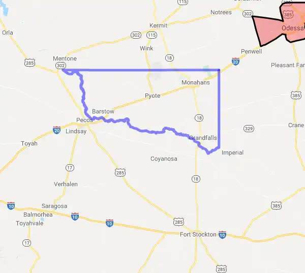 County level USDA loan eligibility boundaries for Ward, Texas