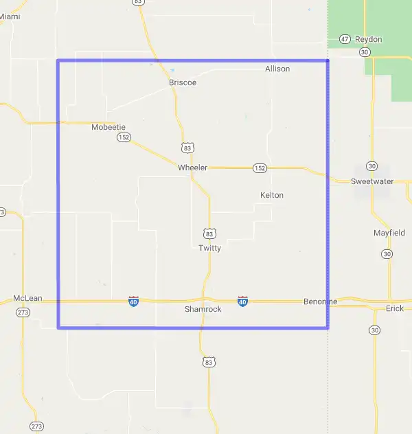 County level USDA loan eligibility boundaries for Wheeler, Texas