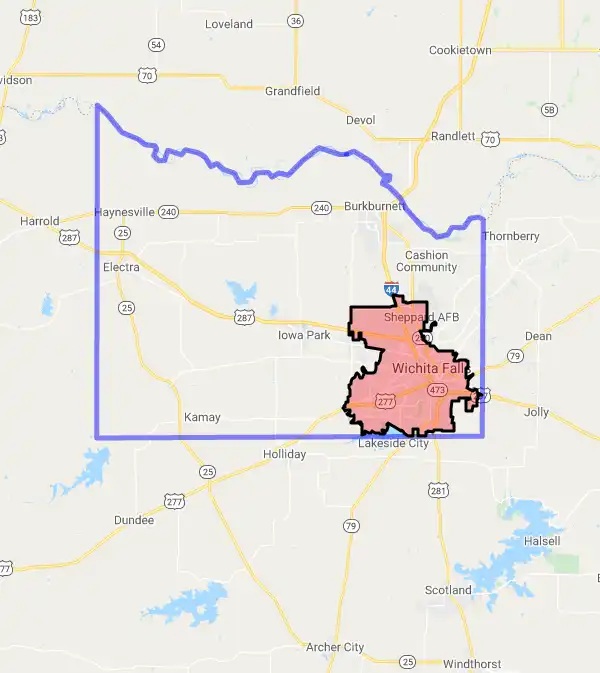 County level USDA loan eligibility boundaries for Wichita, Texas