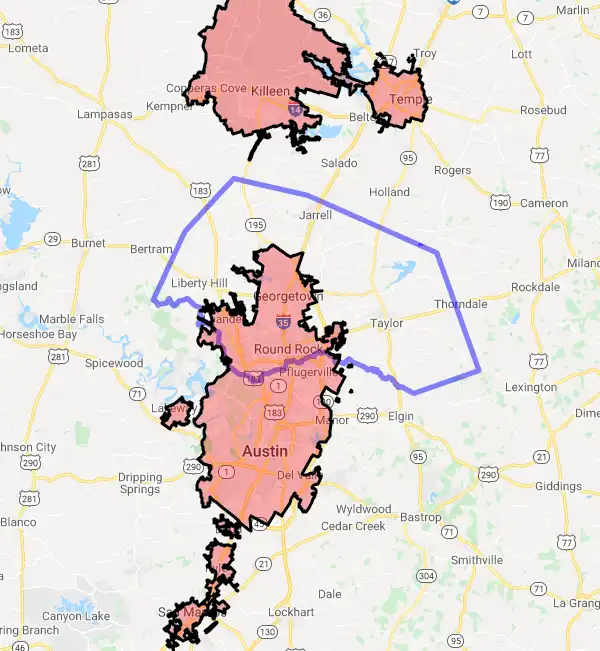 County level USDA loan eligibility boundaries for Williamson, Texas