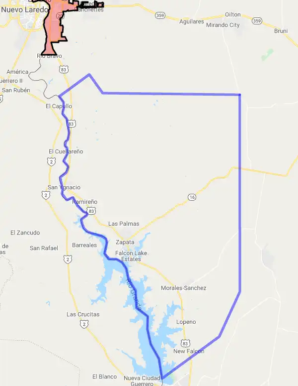 County level USDA loan eligibility boundaries for Zapata, Texas
