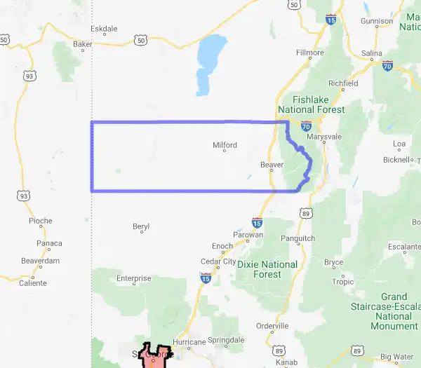 County level USDA loan eligibility boundaries for Beaver, Utah